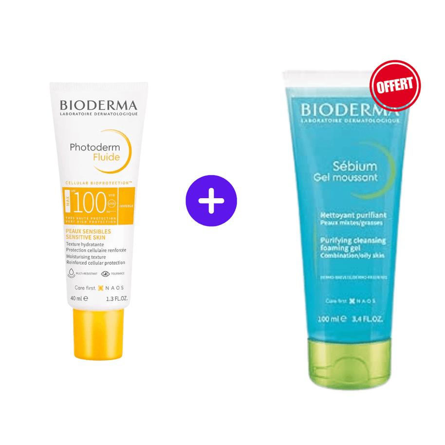 Pack Bioderma Photoderm Fluide SPF 100 Invisible 40ml + Sensibio Gel Moussant 100ml OFFERT - Bioderma Photoderm - Protection solaire pour bébé Maroc -www.babyboss.ma