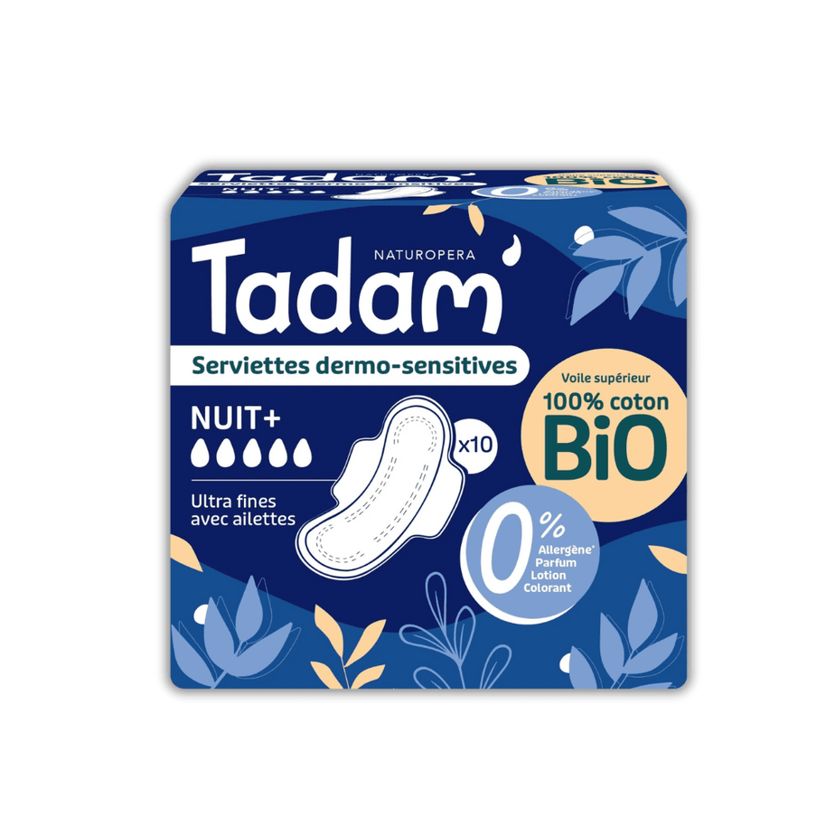 Tadam' Serviettes Dermo-sensitives Ultra avec Ailettes - Nuit+ 10 unités - TADAM' - Hygiène Intime pour bébé Maroc -www.babyboss.ma