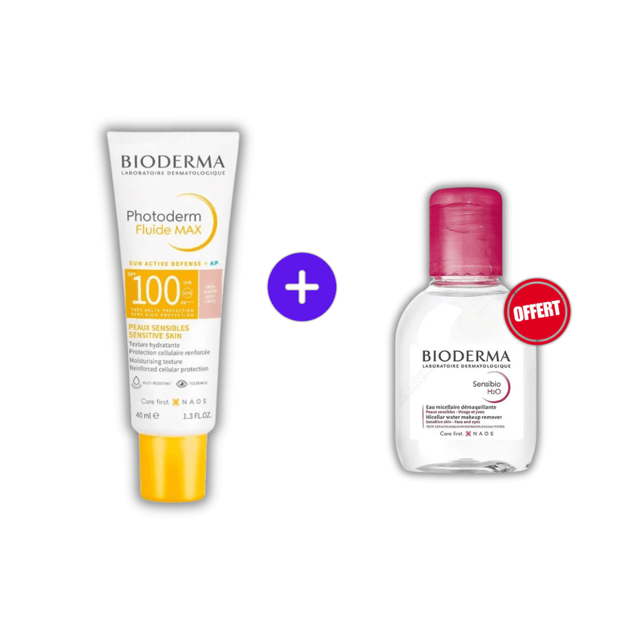Pack Bioderma Photoderm MAX Fluide SPF100 Teinte Très Claire 40ml + Sensibio H2O 100ml OFFERT - Bioderma Photoderm - Protection solaire pour bébé Maroc -www.babyboss.ma