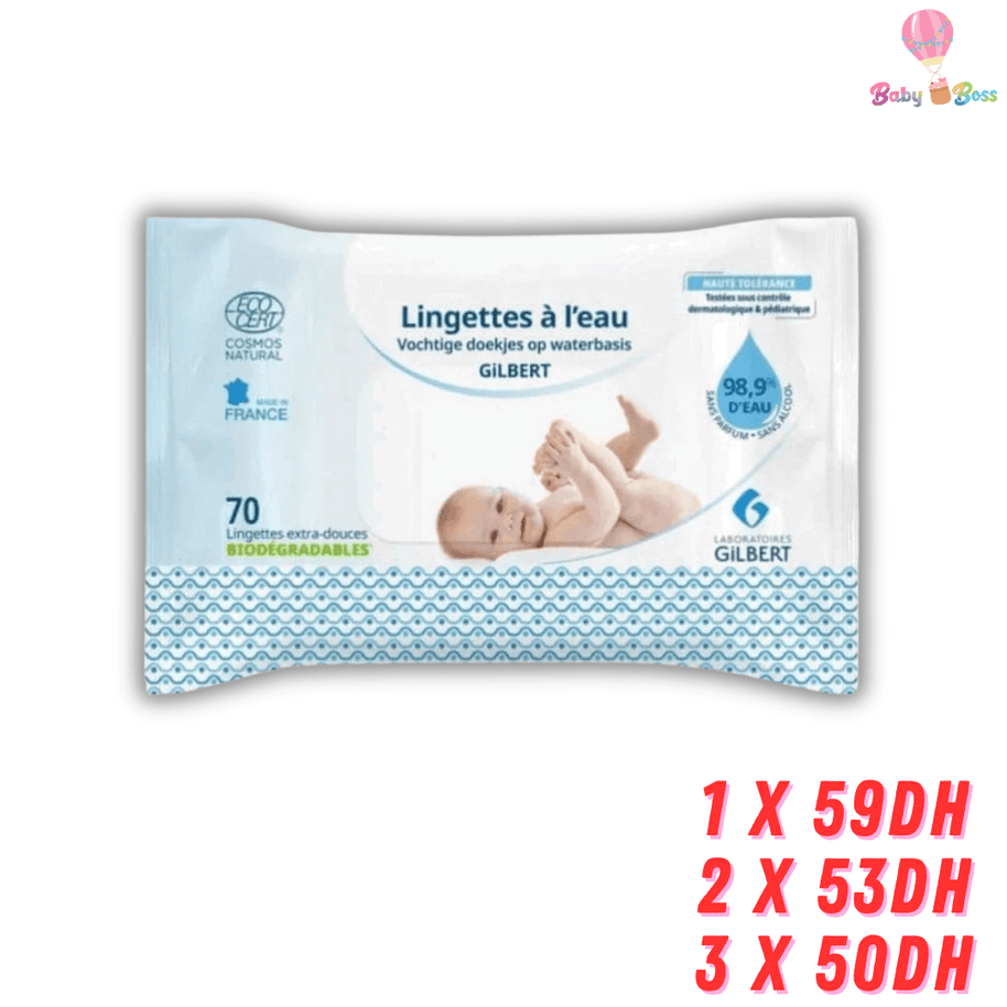 Lingettes Gilbert à l'eau - 70 unités - Gilbert - Hygiène et Soin pour bébé Maroc -www.babyboss.ma