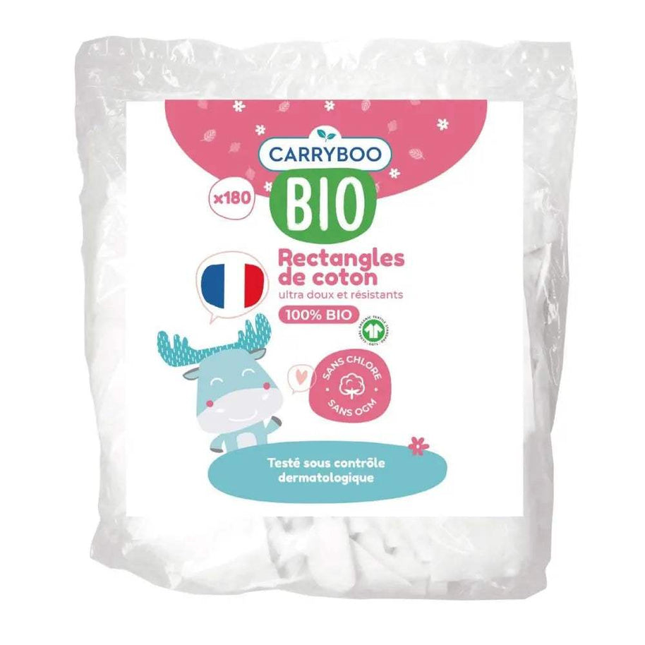 Carryboo Coton Pads Rectangles de Coton BIO - 180 Unités - Carryboo - Accessoires de toilette pour bébé Maroc -www.babyboss.ma