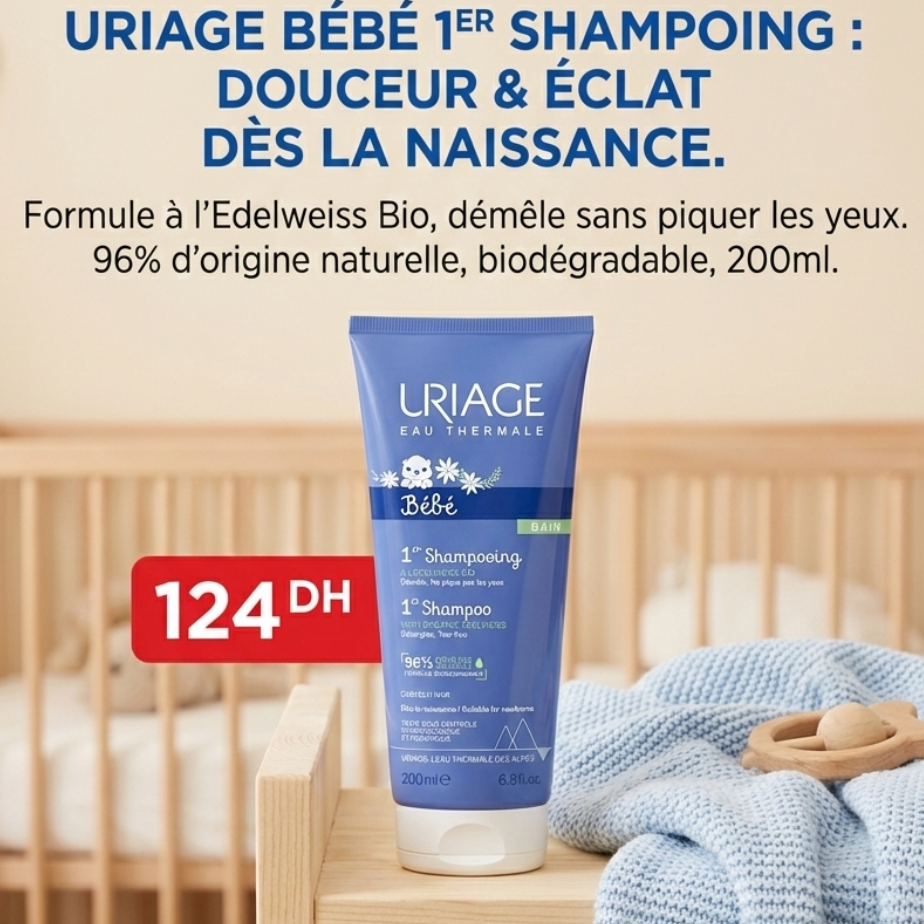 Visuel du 1er Shampooing Uriage Bébé 200 ml : tube dans une chambre de bébé, 96 % d'origine naturelle