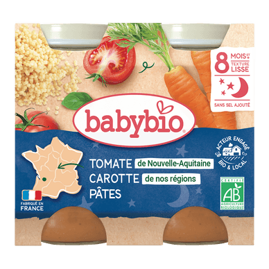 COMPOTÉE DE CAROTTE DES LANDES TOMATE DE NOUVELLE-AQUITAINE PÂTES - Babybio - Alimentation pour bébé Maroc -www.babyboss.ma