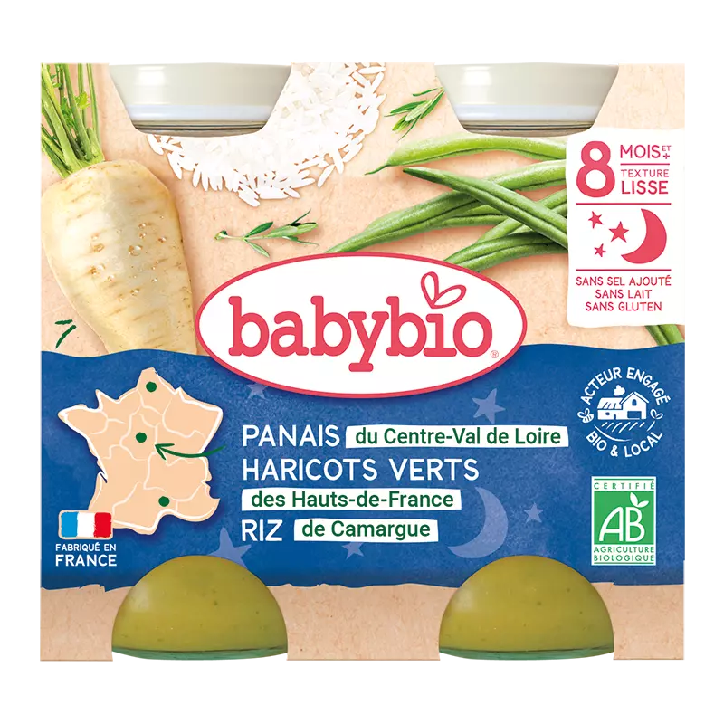 Babybio Panais de centre-Val de Loire Haricots Verts des Haut-de-France et Riz de Camargue