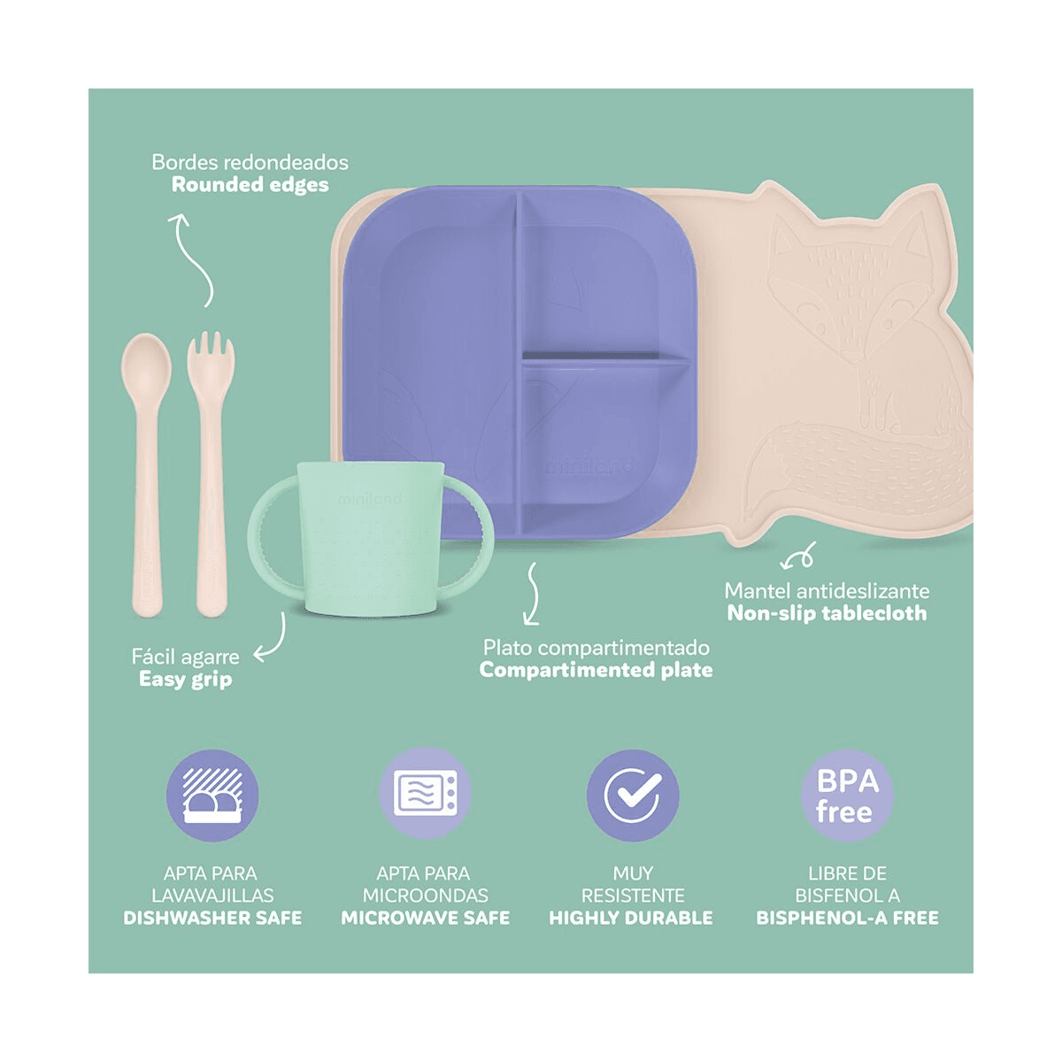 Miniland Vaisselle BLW avec nappe antidérapante pour les enfants - SUNSET - Miniland - pour bébé Maroc -www.babyboss.ma