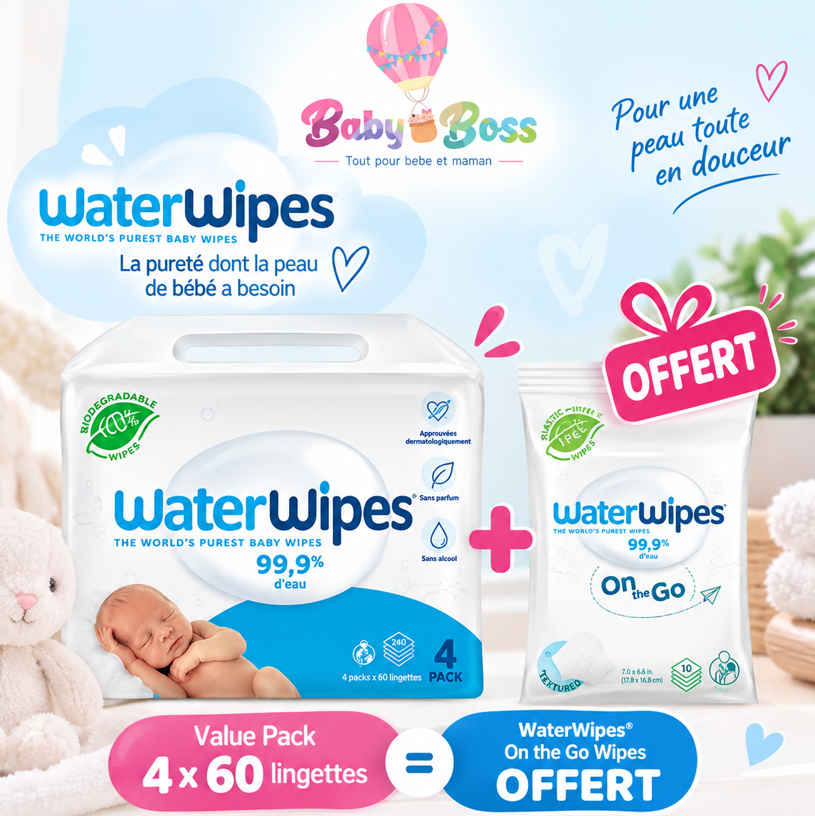 مجموعة مناديل مبللة للأطفال من ووتر وايبس، 4x60