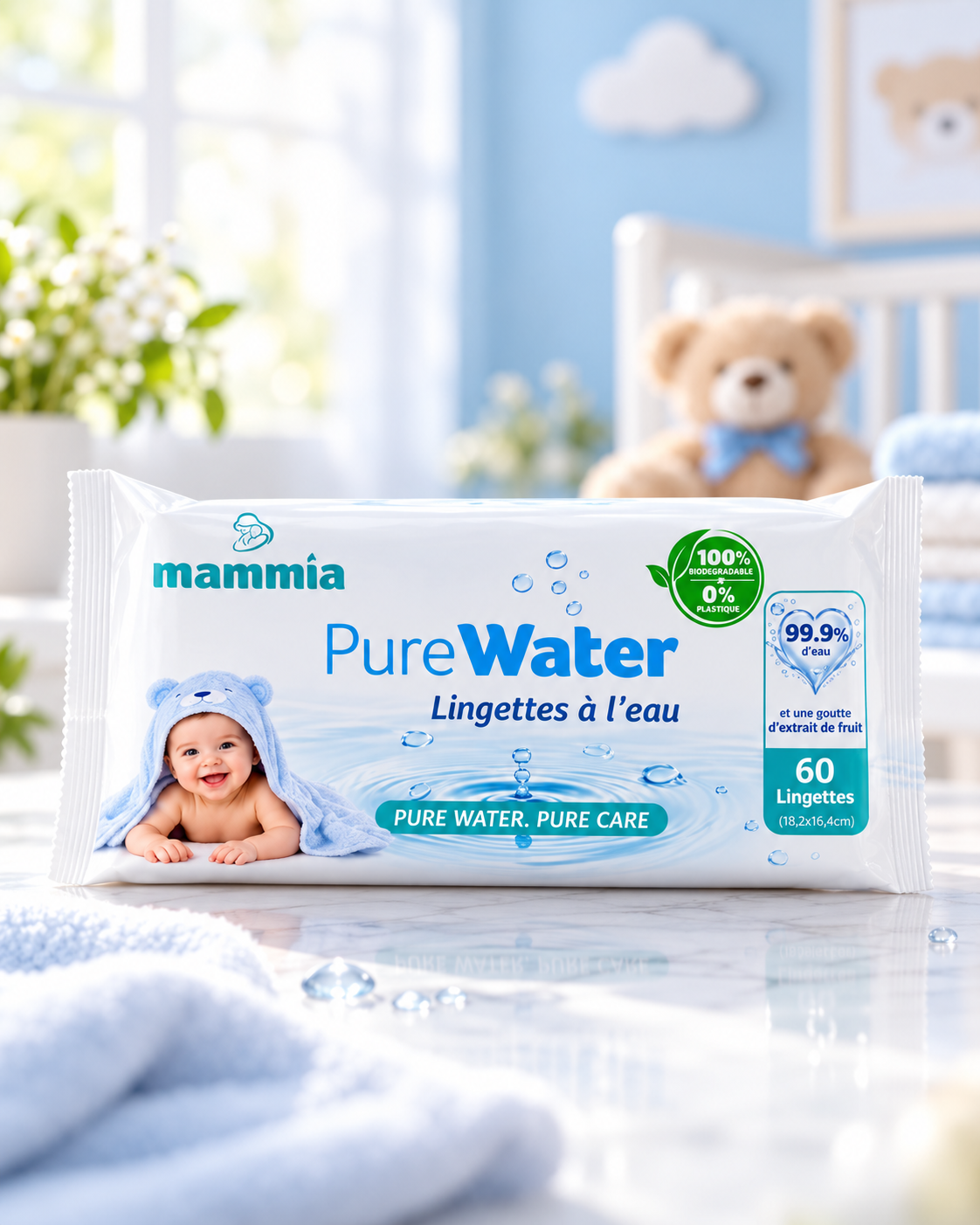 Mammia PureWater lingettes à l'eau bébé, paquet de 60 lingettes