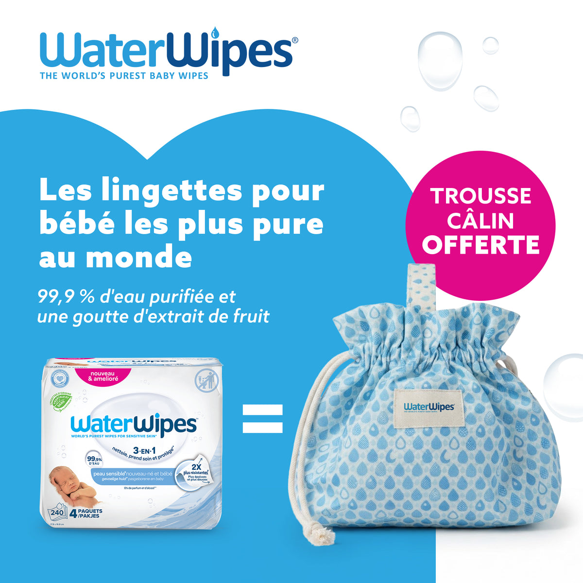 Lingettes Bébé WaterWipes 4+ une trousse câlin offerte