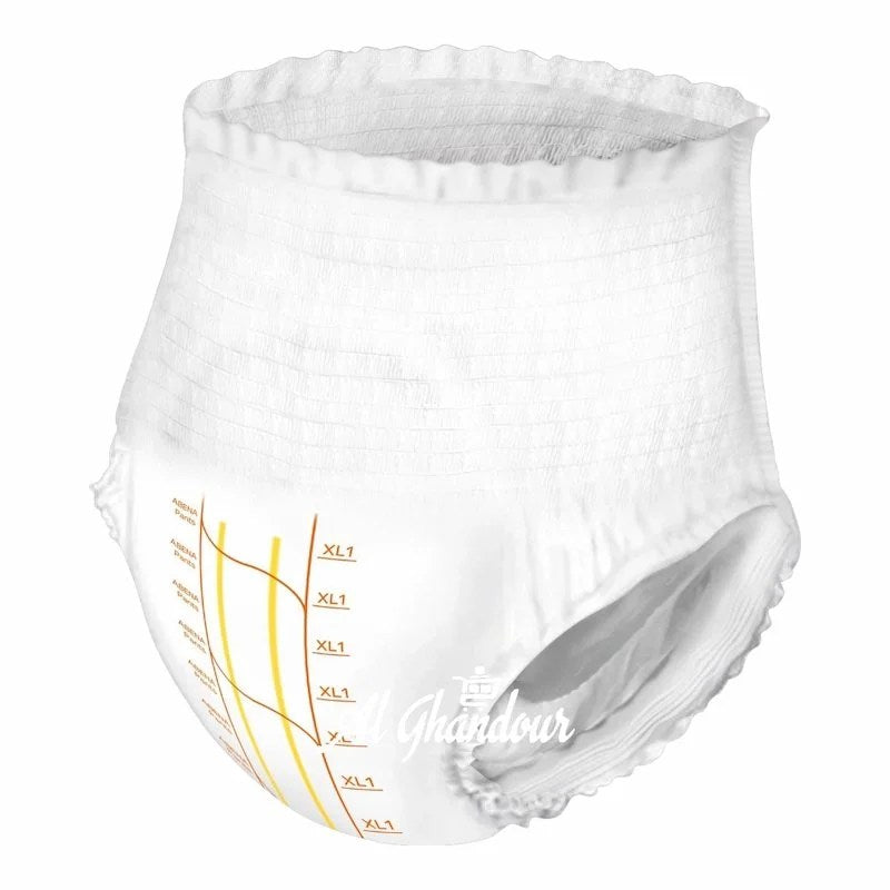 Culotte absorbante Abena Pants Premium XL1 vue de trois quarts, avec l'échelle de taille XL1 sur le côté