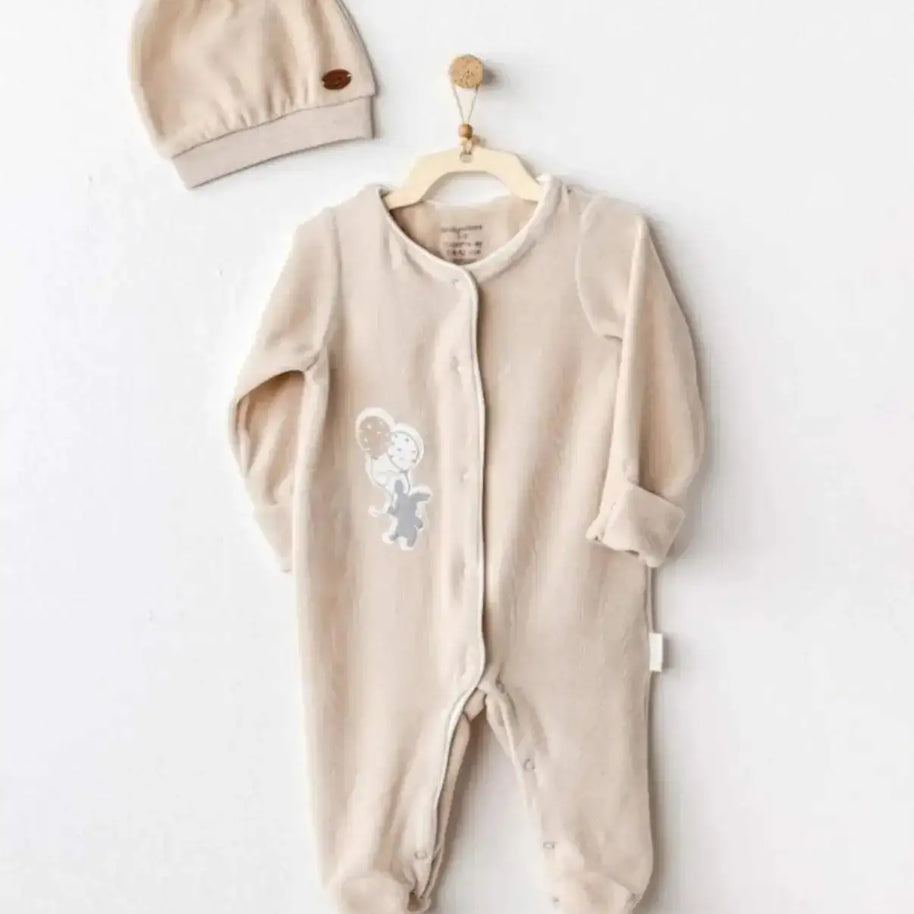 Andy Wawa Combinaison Chapeau Ensemble Velours Happy Everyday Beige - Andywawa - pour bébé Maroc -www.babyboss.ma