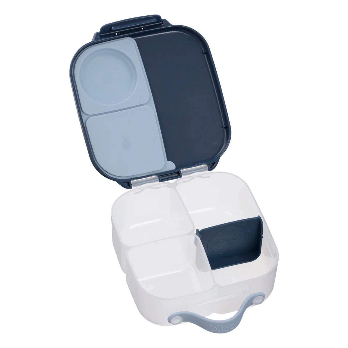Mini lunchbox Midnight ouverte : sections étanches et séparateur bleu nuit vides