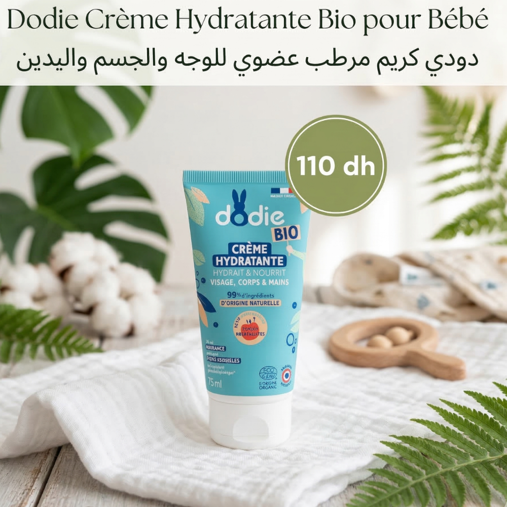 Tube de crème hydratante bio Dodie posé sur un lange blanc entouré de feuillage et de coton
