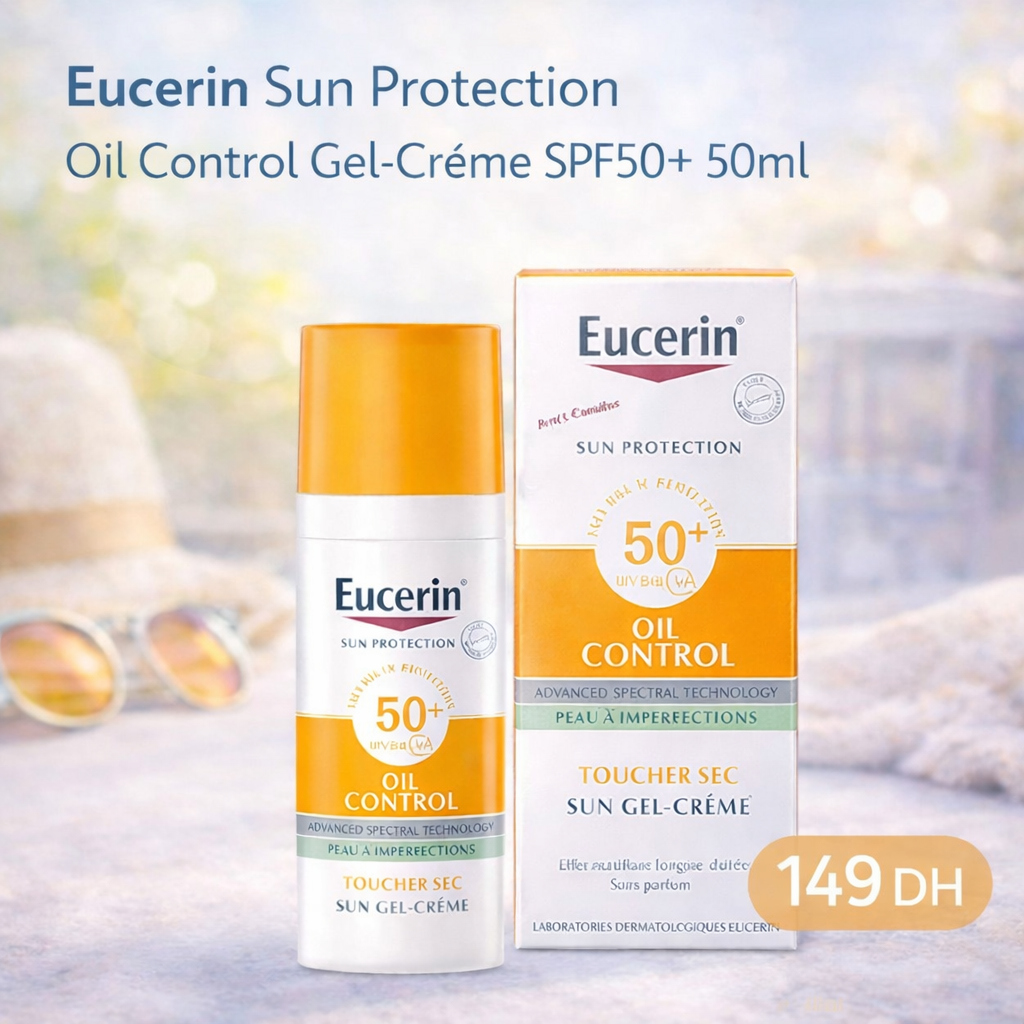 Eucerin Sun Protection Oil Control Gel-Crème SPF 50+ 50 ml, flacon pompe et boîte – Babyboss.ma