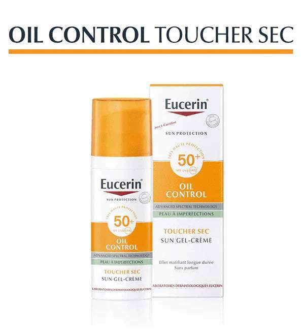 Flacon et boîte du gel-crème Eucerin Sun Oil Control toucher sec SPF 50+
