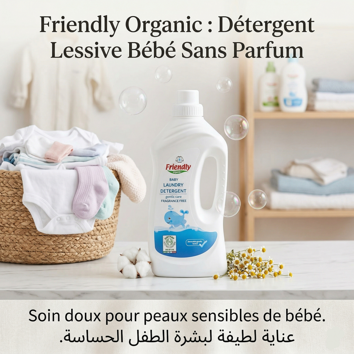 Friendly lessive liquide bébé 100 % naturel neutre, bidon de 1 L – BabyBoss.ma