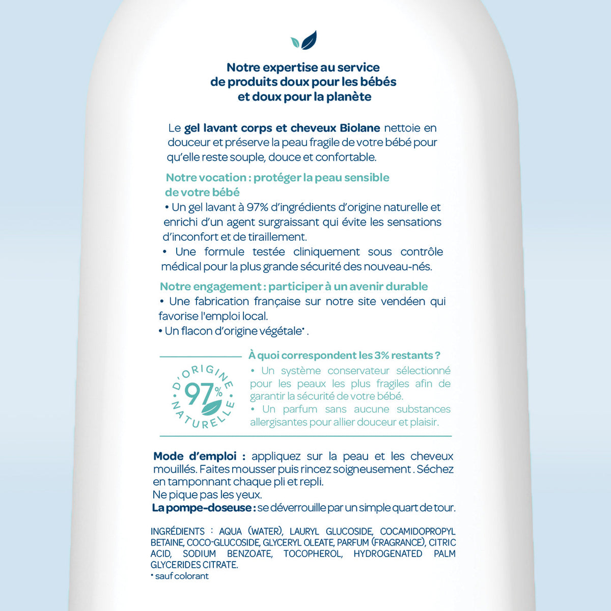 Dos du flacon Biolane gel lavant corps et cheveux : engagements, mode d'emploi et composition