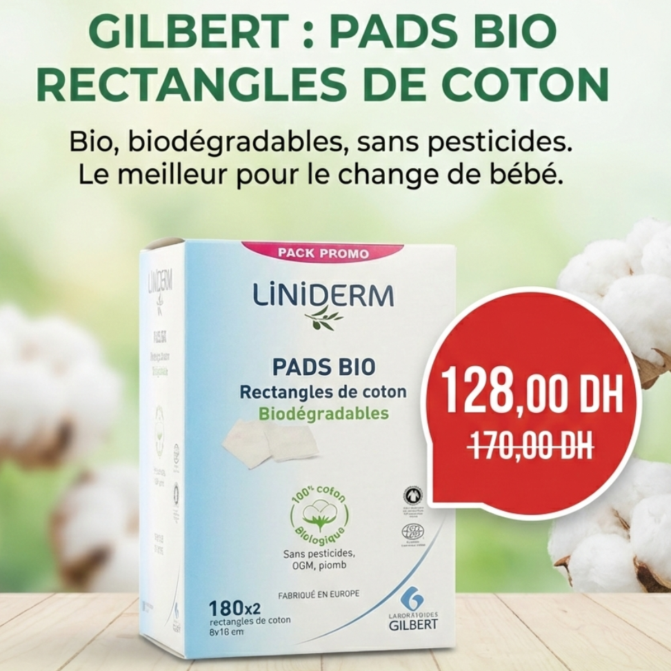 GILBERT PADS BIO 180 RECTANGLES DE COTON 8X10CM - Gilbert - - Babyboss.ma