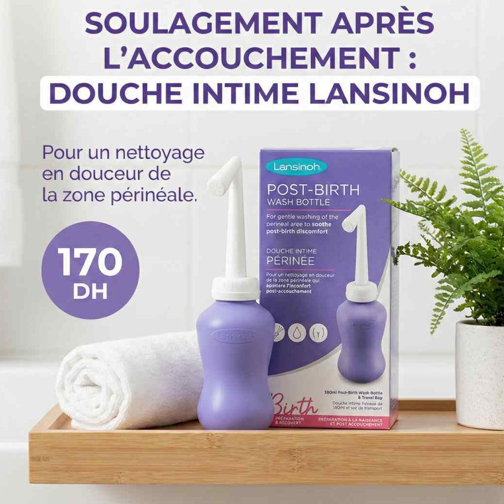 Douchette périnéale Lansinoh 360 ml, flacon souple violet devant sa boîte Post-Birth Wash Bottle – Babyboss.ma