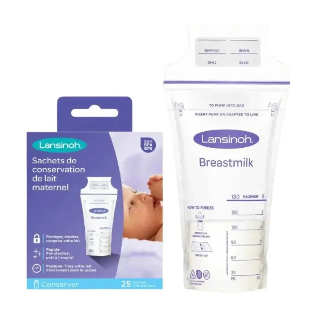 Boîte de 25 sachets Lansinoh de conservation du lait maternel et sachet Breastmilk gradué jusqu'à 180 ml