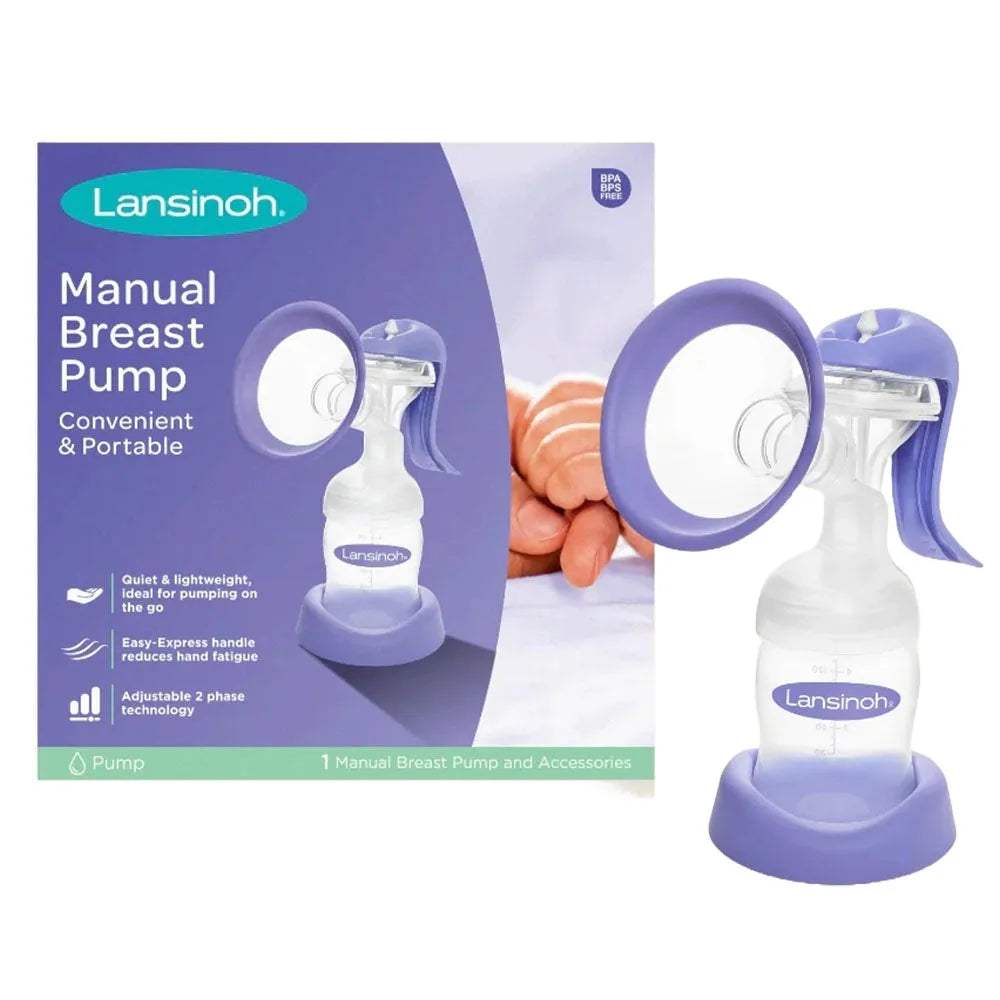 Boîte et tire-lait manuel Lansinoh avec biberon de recueil sur socle violet – Babyboss.ma