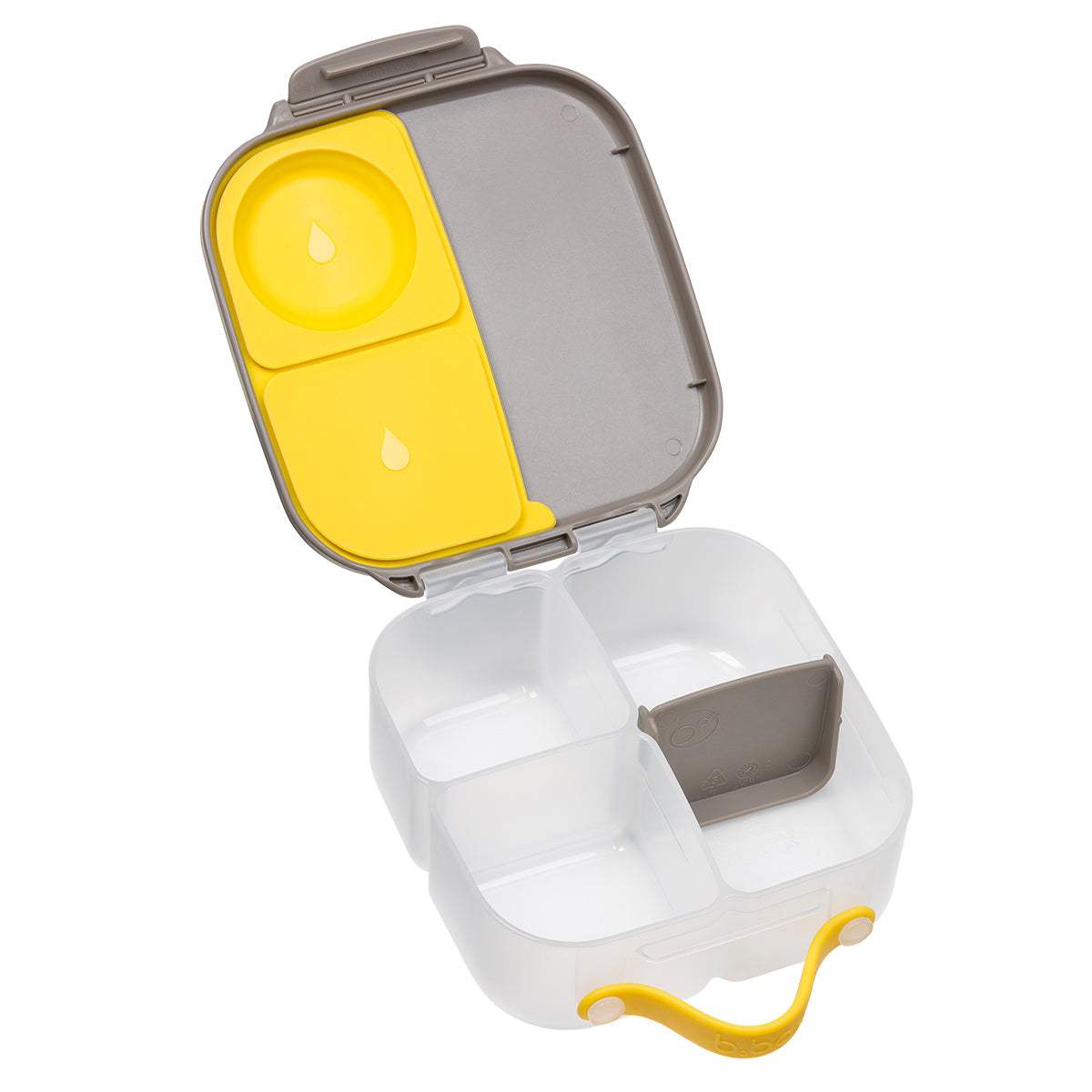 Mini lunchbox b.box Batman ouverte et vide, compartiments et inserts jaunes du couvercle visibles