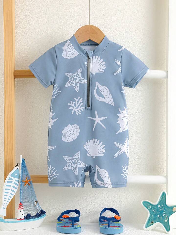 Maillot de bain bébé manches courtes – Coquillages bleus