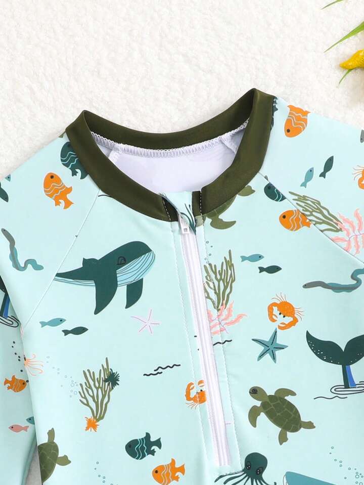 Maillot de bain bébé manches longues – Animaux marins vert d’eau
