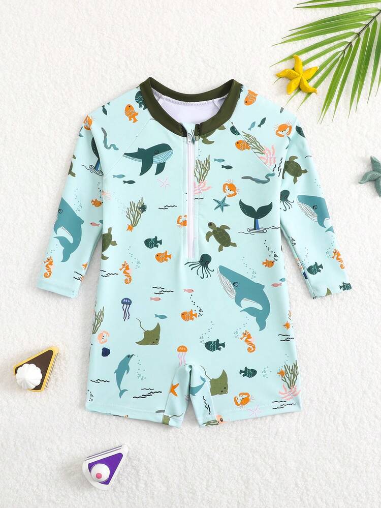 Maillot de bain bébé manches longues – Animaux marins vert d’eau