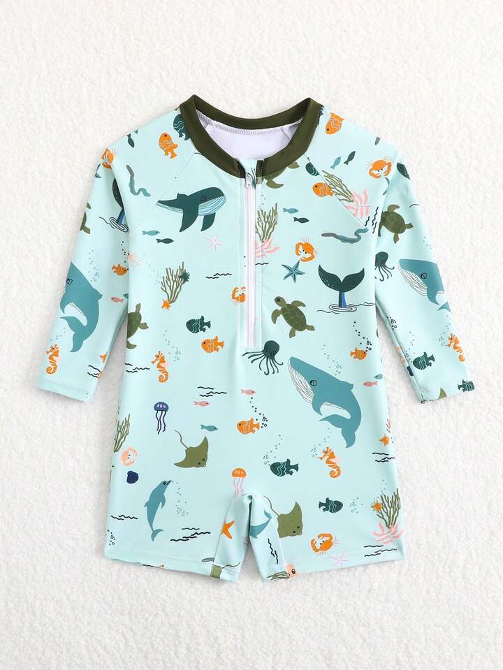 Maillot de bain bébé manches longues – Animaux marins vert d’eau