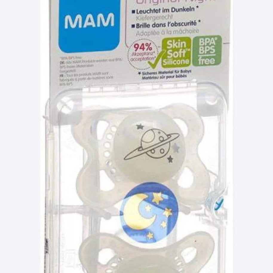 MAM Night Soothers 2-6+ Months Pack of 2, Glow in the Dark Baby Soothers with Self - MAM - pour bébé Maroc -www.babyboss.ma