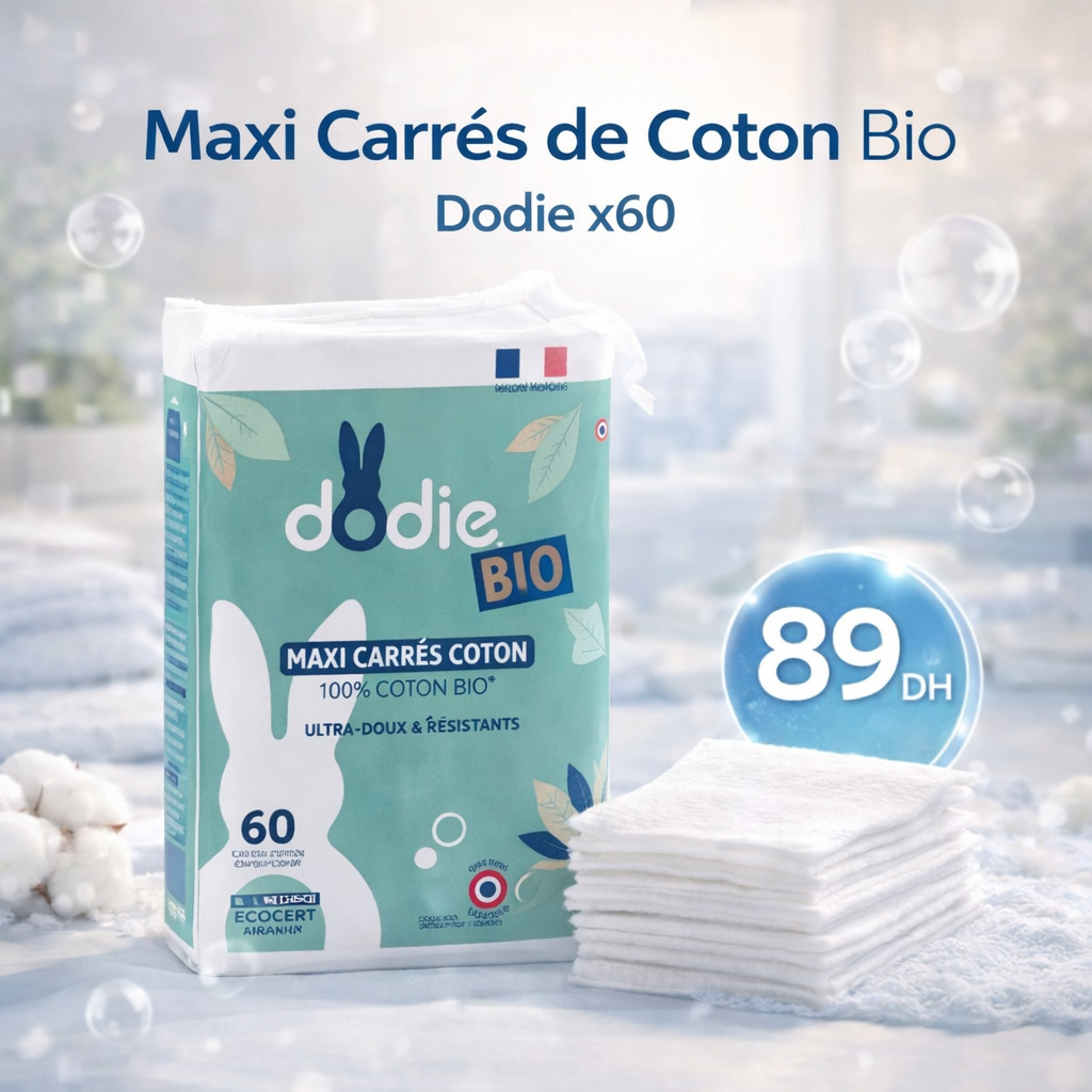 Paquet de maxi carrés de coton bio Dodie et pile de carrés de coton posés sur du coton et des bulles