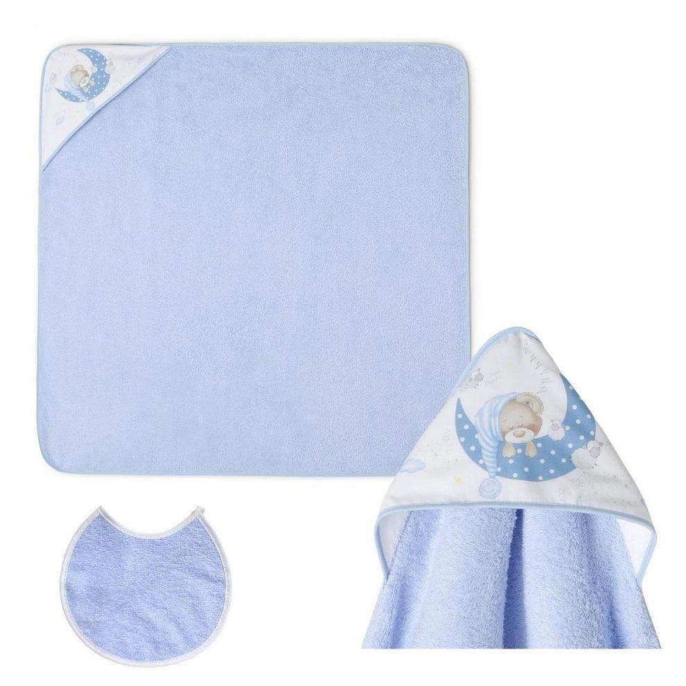 Nterbaby serviette 100cm×100cm avec bavoir bleu - Interbaby - Serviette pour bébé Maroc -www.babyboss.ma