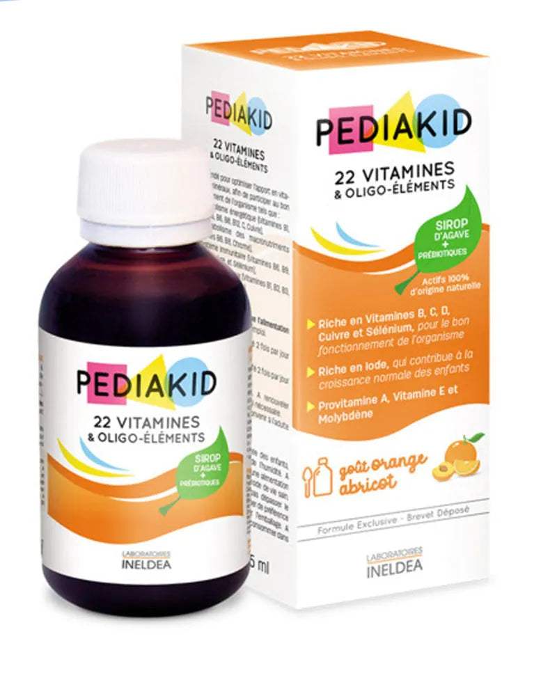 PEDIAKID 22 VITAMINES & OLIGO-ELEMENTS ORANGE ABRICOT 125ML - PEDIAKID - Vitamines pour bébé Maroc -www.babyboss.ma