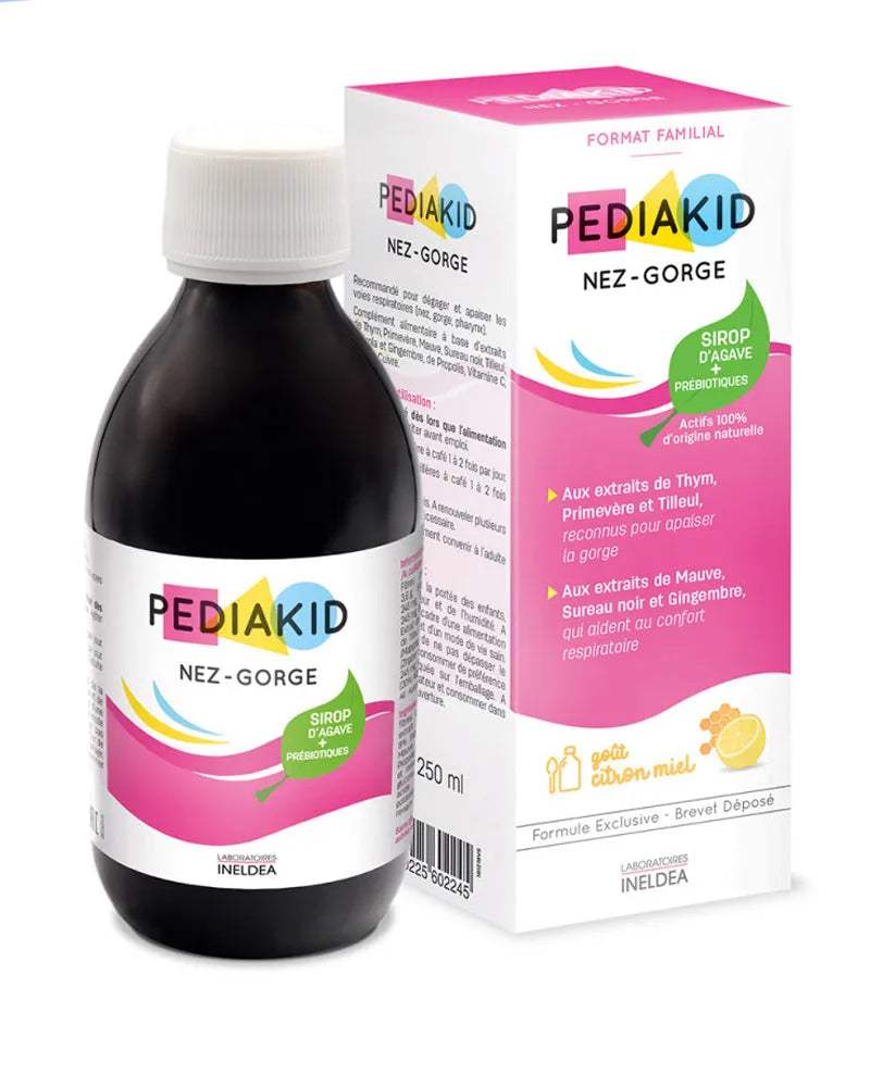 Flacon et boîte du sirop Pediakid Nez-Gorge goût citron miel – Babyboss.ma