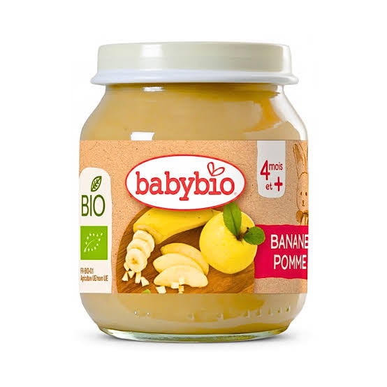 Pot en verre Babybio banane pomme avec logo bio européen, vu de face