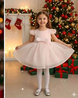 Robe de fête fille rose pâle à manches courtes, jupe ample en voile, vue de face