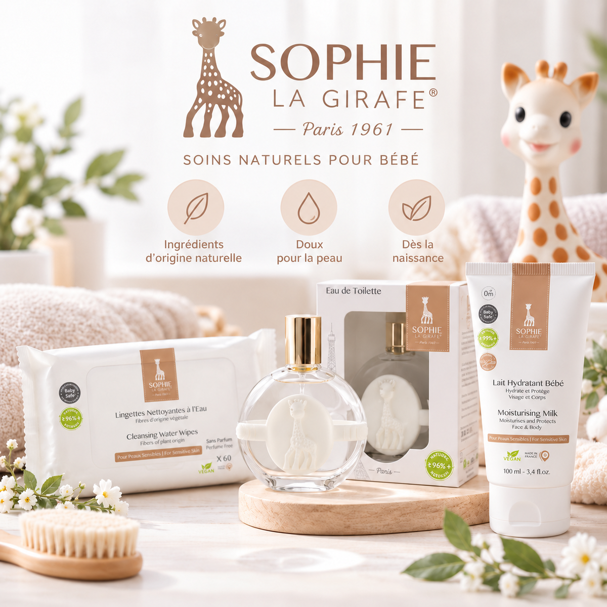 Sophie la Girafe : eau parfumée, gel lavant, lait hydratant et crème pour bébé, disponibles au Maroc