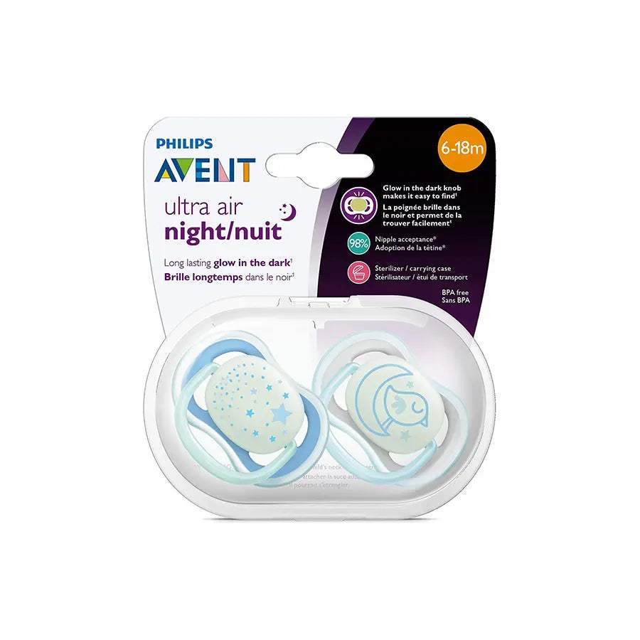 Avent Lot de 2 Sucettes Ultra Air Night 6-18m - Garçon - Philips Avent - Sucettes pour bébé Maroc -www.babyboss.ma