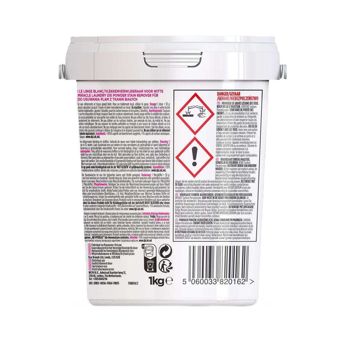 Dos du pot The Pink Stuff Oxi Miracle linge blanc 1 kg avec mention Danger, pictogrammes, dosage et composition