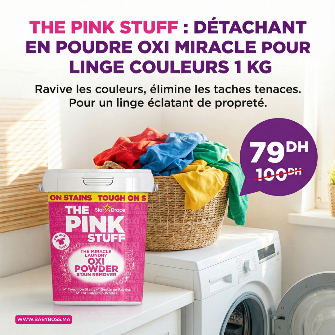 Visuel publicitaire du détachant Oxi Miracle Couleurs 1 kg devant un panier de linge coloré