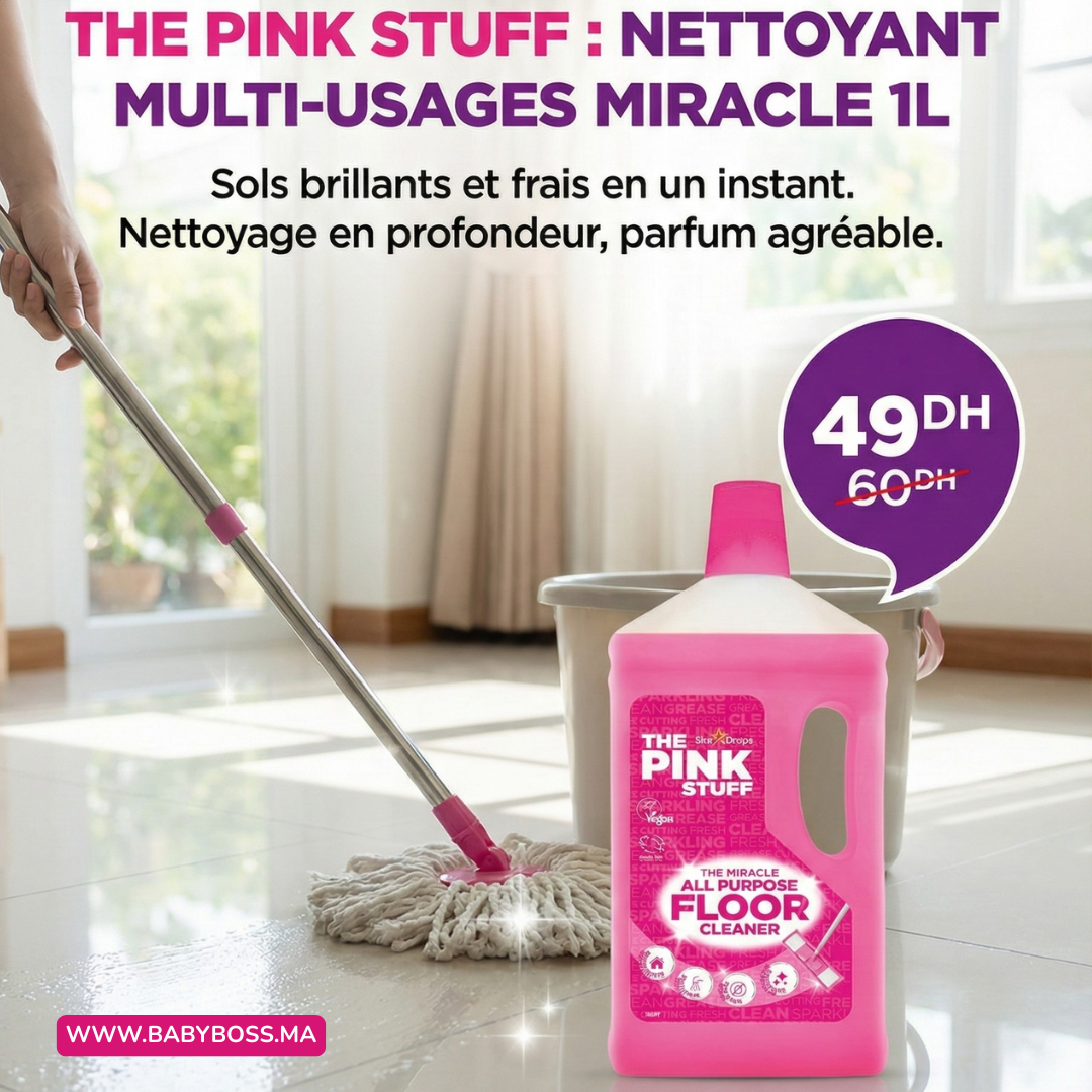 Visuel promotionnel du nettoyant multi-usages Miracle The Pink Stuff 1 L avec serpillière et seau
