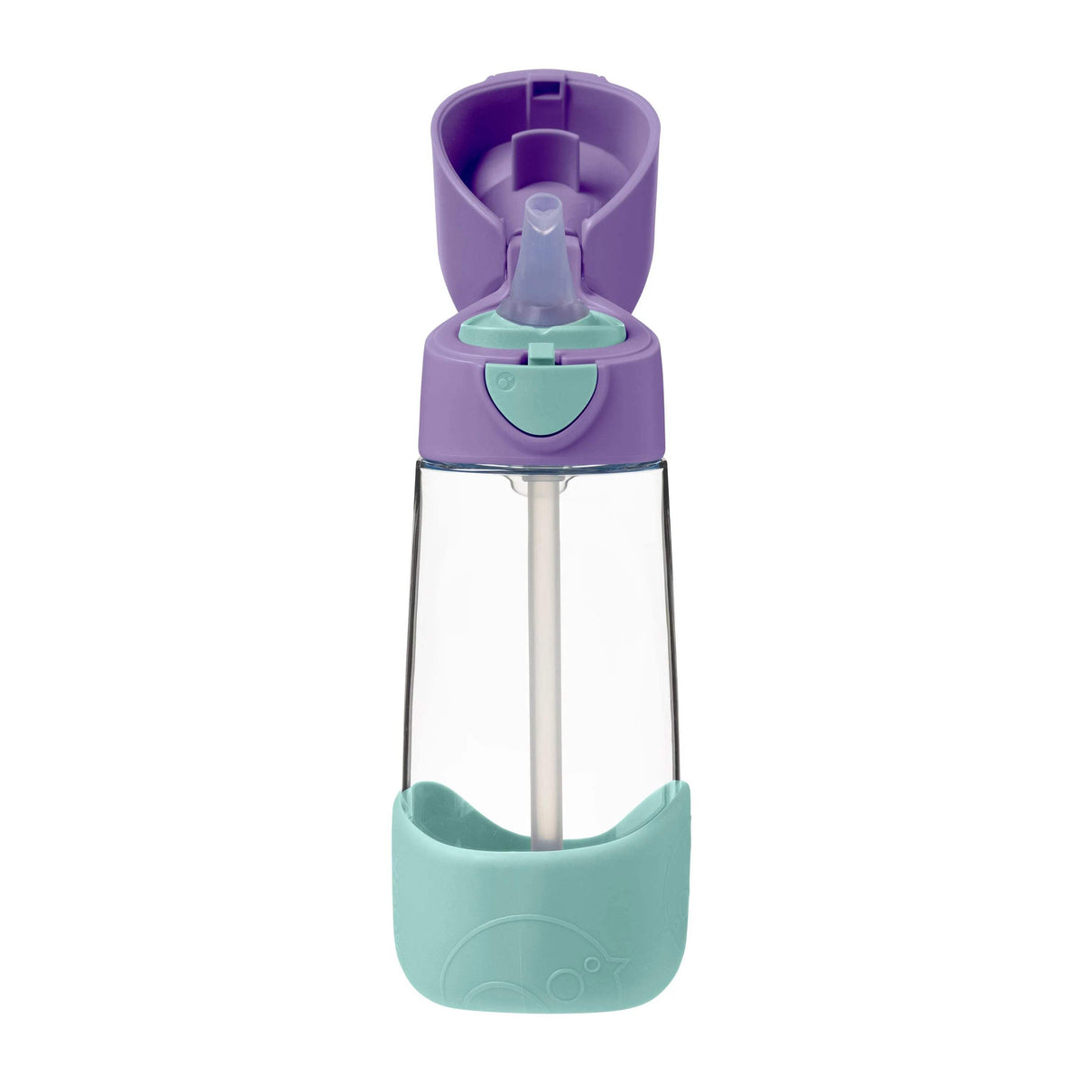b.box Gourde à paille Tritan 450 ml Lilac Pop, couvercle violet ouvert et base vert menthe – Babyboss.ma