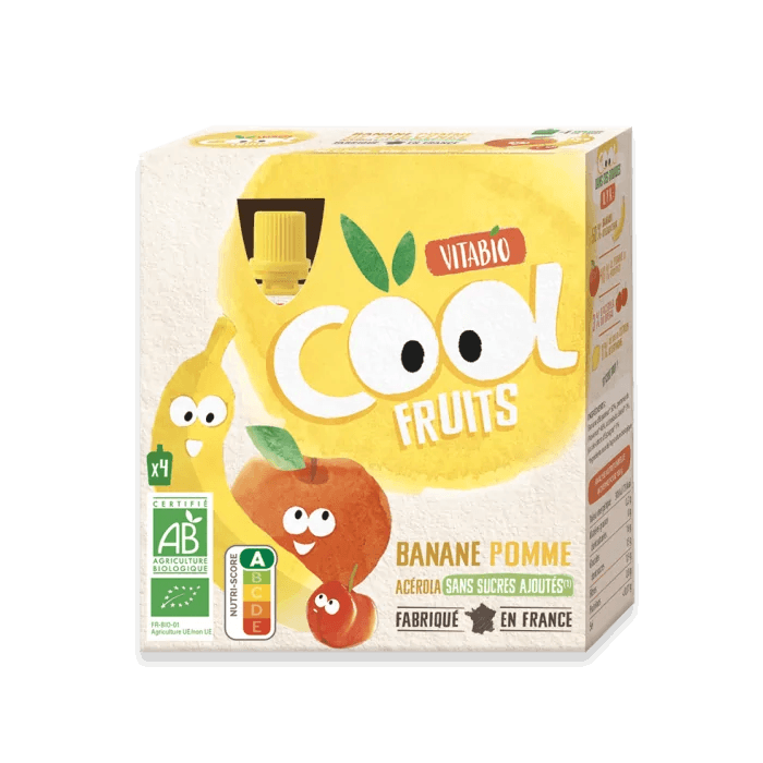 Vitabio Cool Fruits Banane Pomme Acérola, boîte de 4 gourdes de 90 g – Babyboss.ma