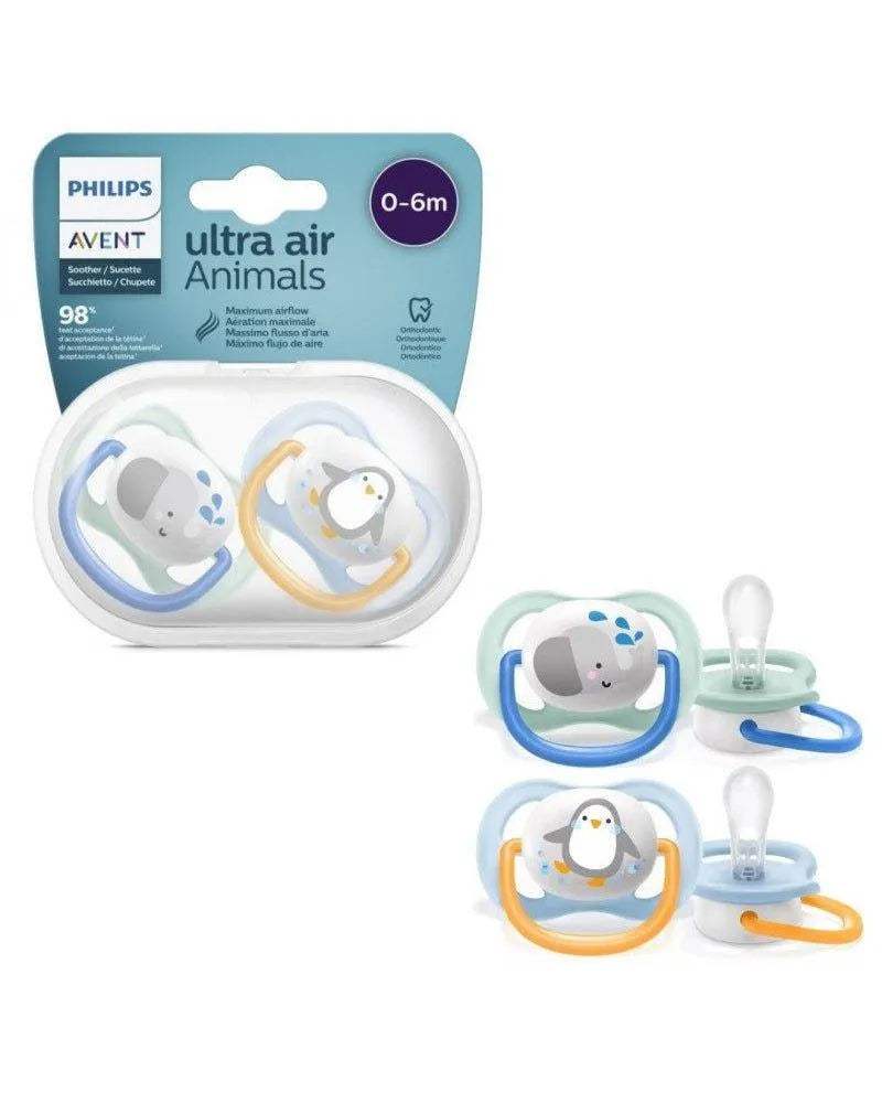 Avent Lot de 2 Sucettes Ultra Air Penguin & Éléphant 0-6m Garçon - Philips Avent - Sucettes pour bébé Maroc -www.babyboss.ma