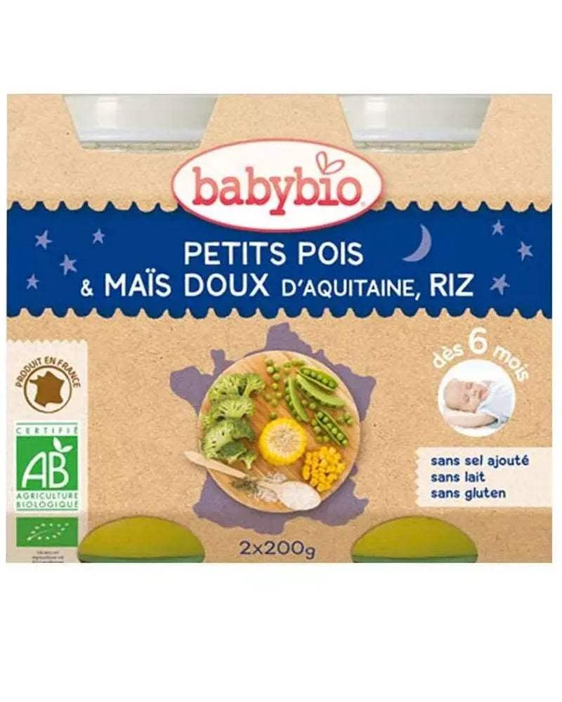 Babybio Pot Bonne Nuit Petits Pois Mais Riz 2x200g - Babybio - Alimentation pour bébé Maroc -www.babyboss.ma