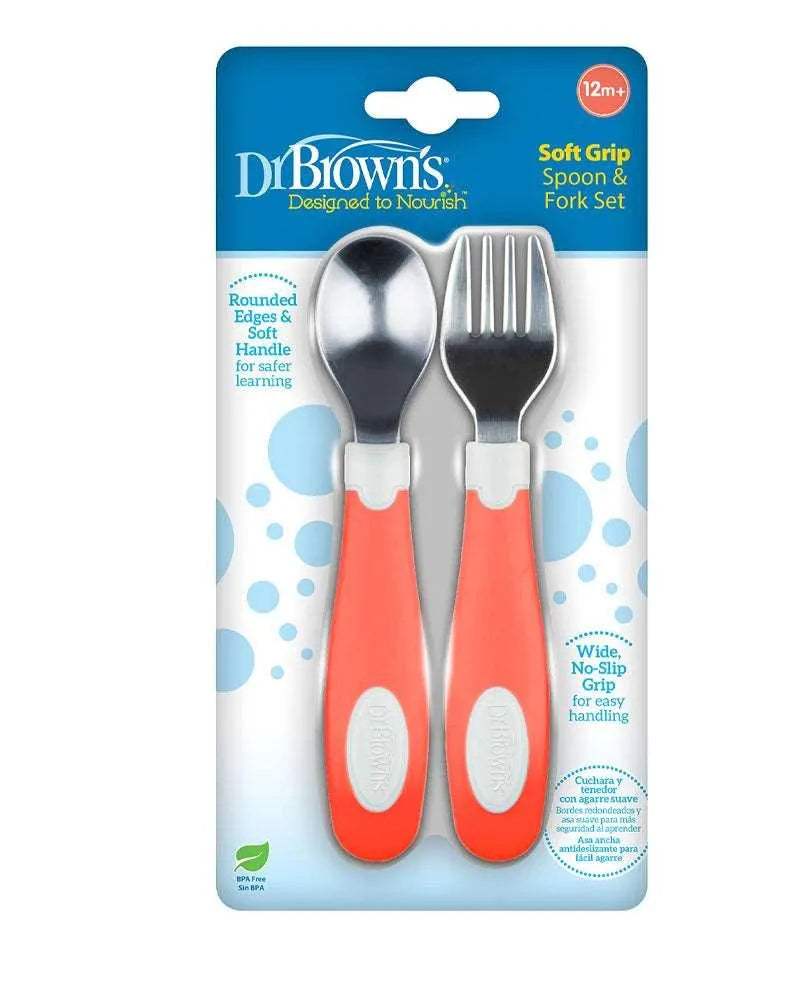 Dr. Brown's Ensemble de cuillère et fourchette en métal 12M+ - Corail - Dr. Brown's - Couverts pour bébé Maroc -www.babyboss.ma