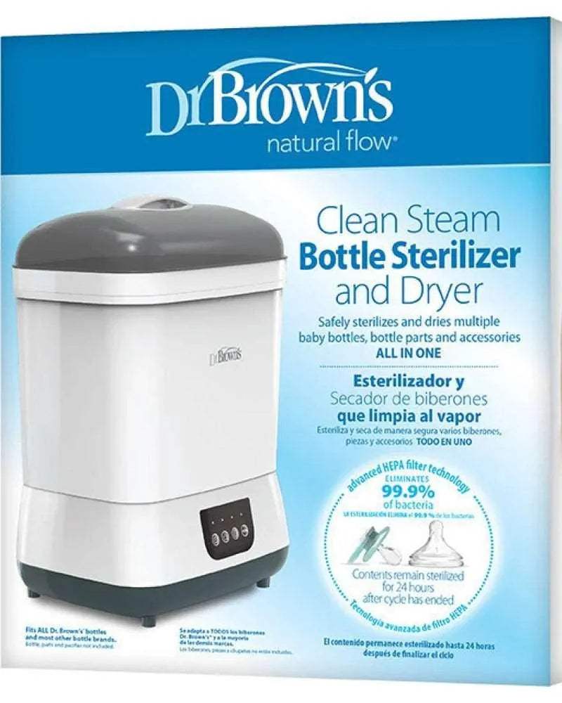 Boîte du stérilisateur et sécheur à vapeur Dr. Brown's avec la mention 99,9 % et 24 heures