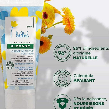 Klorane Bébé Crème nutritive au Cold Cream et Calendula - 40ml - Klorane - Hygiène et Soin pour bébé Maroc -www.babyboss.ma