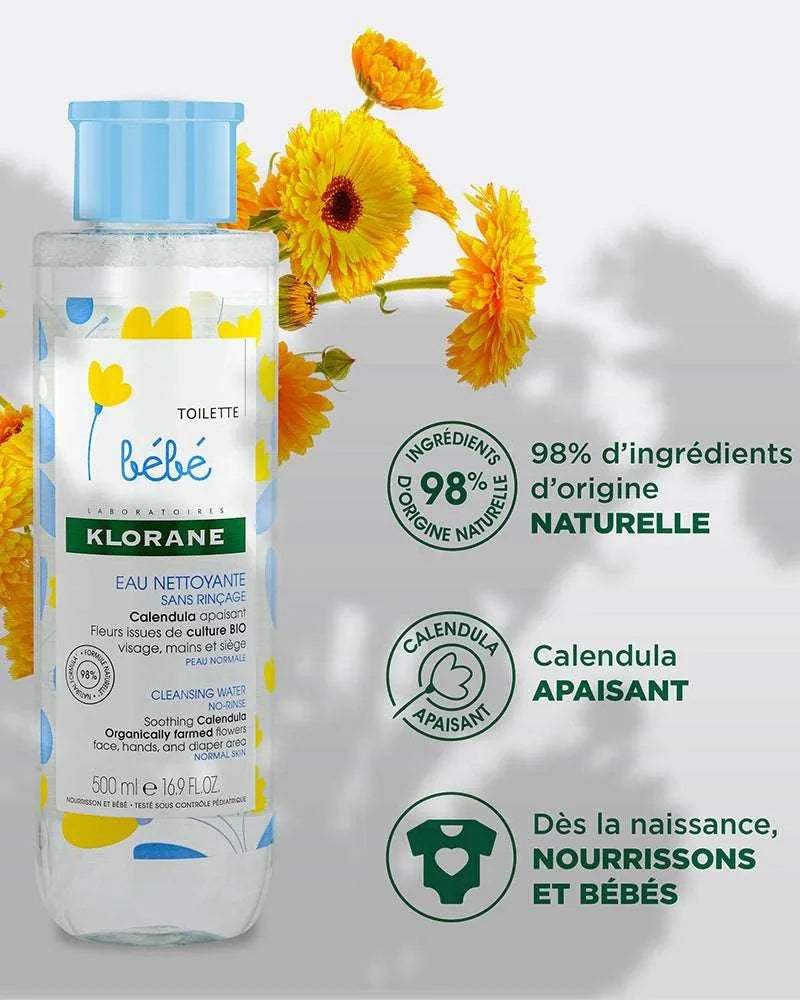 Klorane Bébé Eau nettoyante sans rinçage au Calendula apaisant - 500ml - Klorane - Hygiène et Soin pour bébé Maroc -www.babyboss.ma