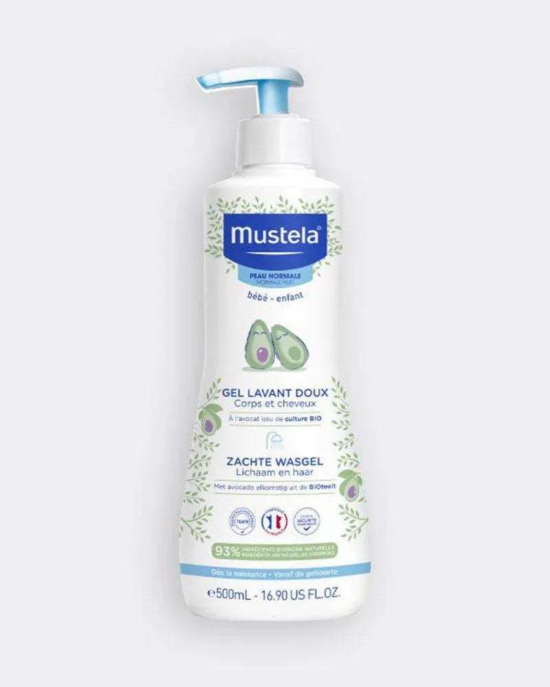 Mustela gel lavant doux à l'avocat bio, flacon pompe de 500 ml, face avant – Babyboss.ma